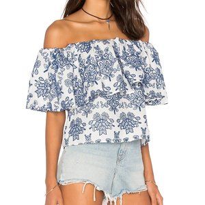 N/Nicholas Off Shoulder White & Blue Floral Embroidered Top Size 6 Dolce